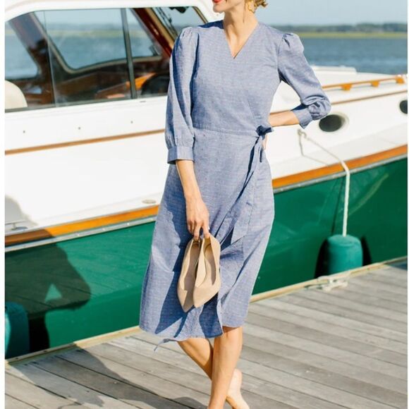 Draper James Embroidered Dot Chambray Wrap Dress 6 - Picture 2 of 14